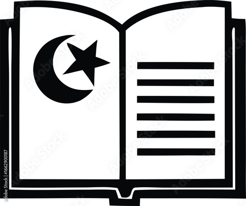 Islamic crescent moon and star symbol on an open book for religious study and cultural representation