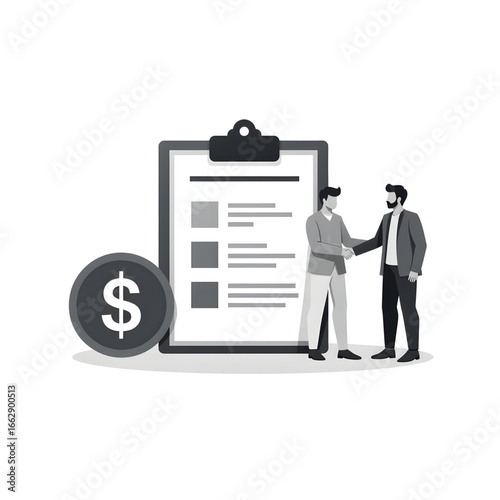 Agreement and Deal: Two business professionals seal a financial deal with a handshake. a large dollar sign beside a contract representing financial growth.