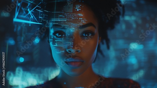 Portrait of a woman with digital overlay on half of her face