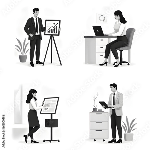 Business Professionals at Work: A compilation of business professionals at work in diverse settings, from presenting data on a chart to working on a computer.