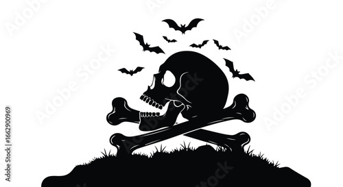 Spooky halloween skull and crossbones with bats flying above a grassy hillside
