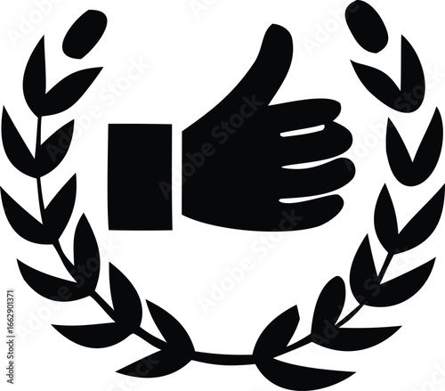 Black thumbs up icon inside laurel wreath symbolizing achievement approval and positive endorsement for various uses