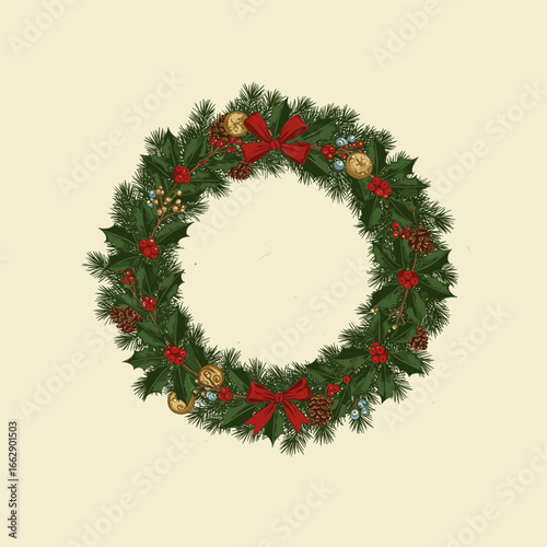 Nostalgic round holly garland illustration in traditional Christmas colors