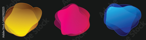 Gradient with transparency organic round banners. Overlay yellow, magenta and blue colors amorphous shape background. Abstract spots, infographic tags icons. Vector