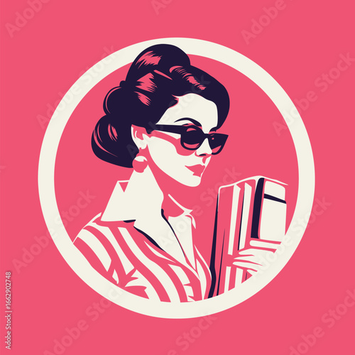A stylish woman dressed in striped attire holds several books. Her vintage sunglasses and hairstyle reflect a classic, sophisticated look against a bright pink backdrop.