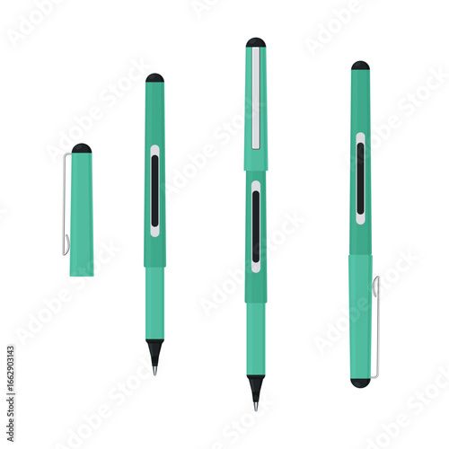 Rollerball pens with caps set. Vector illustration isolated on white background