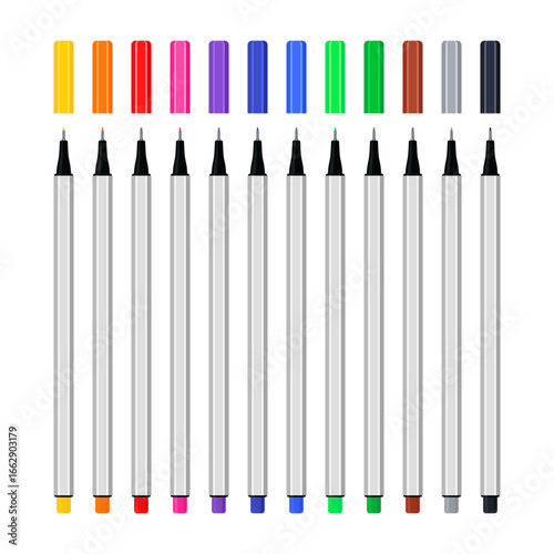 Colorful fineliner felt-tip pens with caps set. Vector illustration isolated on white background