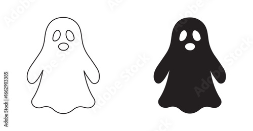 Scary Ghost Silhouette and Outline Illustration – Halloween Spooky Spirit Icon Set