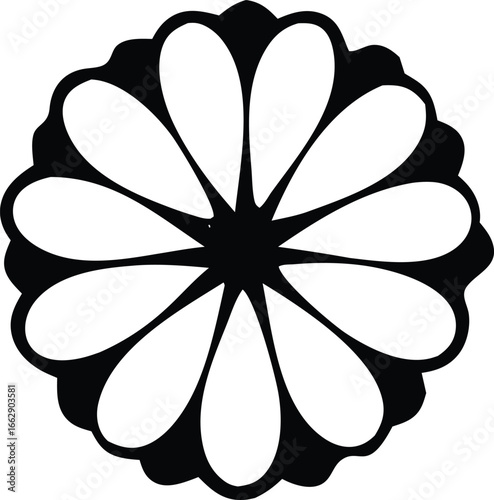 Intricate black and white floral design featuring a starburst center with twelve delicate petals forming a circular ornamental pattern evoking natural beauty and artistic symmetry