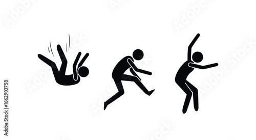Stick figures showing a person falling, jumping, and balancing
