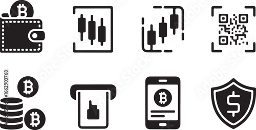 Cryptocurrency Finance Icons Set Black on Checkered