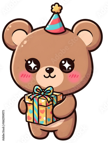 Cute Bear with Party Hat Holding Gift Box