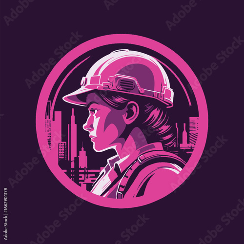 A determined woman stands in profile wearing a hard hat, symbolizing strength in construction. The vibrant pink tones contrast with the dark skyline, highlighting her role in the industry.