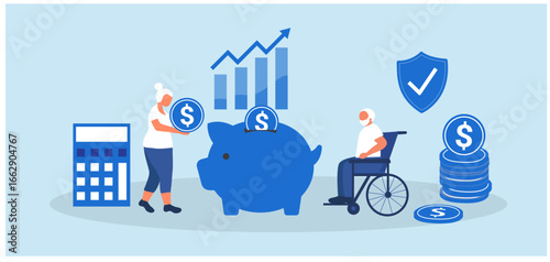Pension Fund. Long-term Capital Investment. Big Piggy Bank and Stack of Money. Pensioners Invest Money. Pension Savings, Insurance and Funded Pension financial investment planning savings