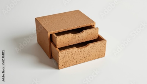 ultra sharp isolated nesting drawer box made of cork laminate, showcasing soft touch organic coating, spiral inspired form, and heat resistant eco layer