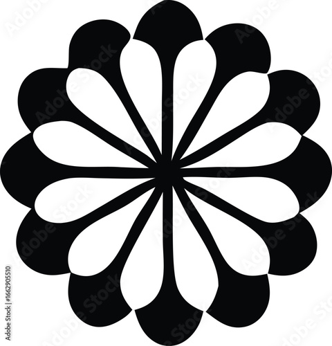 Symmetrical black and white floral pattern a captivating circular design featuring alternating black and white petals creating a striking geometric motif for decorative purposes