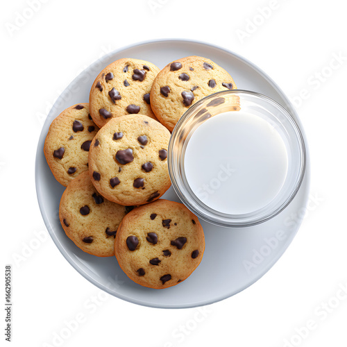 Delicious chocolate chip cookies with refreshing milk on a transparent background