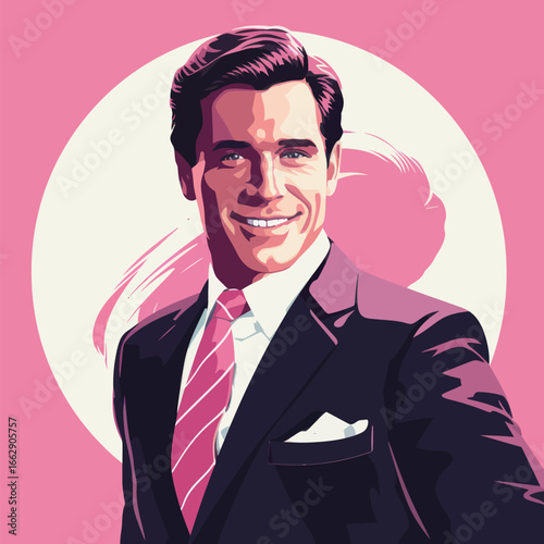 A man dressed in a black suit and pink tie smiles confidently at the viewer. The background features a bright pink circle, adding to the lively atmosphere.