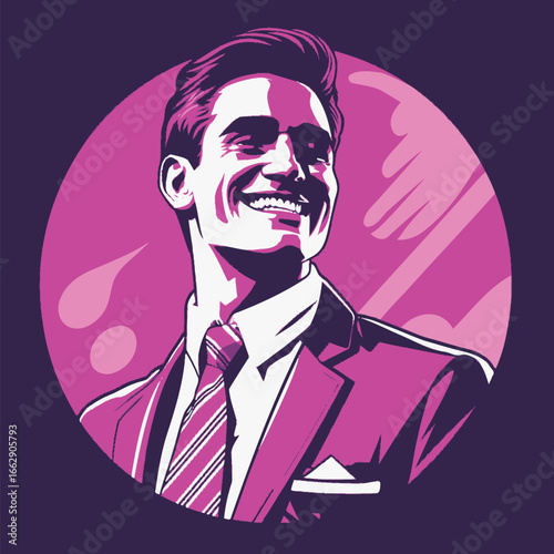 This artwork features a charismatic man in a suit, smiling with confidence against a vivid pink and purple backdrop, illustrating modern design elements that enhance his charm.