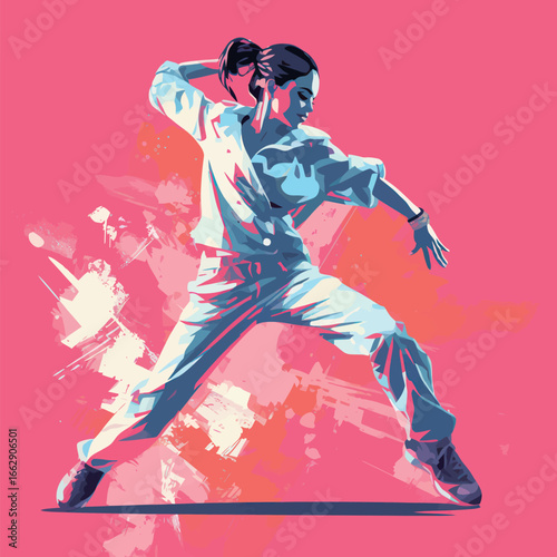 A skilled dancer showcases impressive moves in a dynamic pose, wearing stylish streetwear against a bright pink background. The vivid colors enhance the energy of the performance.