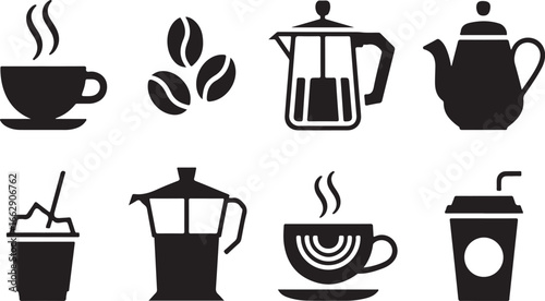 Coffee Bean Cup Pot Drink Frappe Latte Espresso Beverage Icon Set