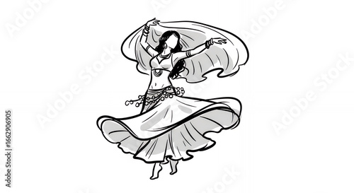 Belly dancer performing with flowing fabric in a monochrome illustration for dance art concept