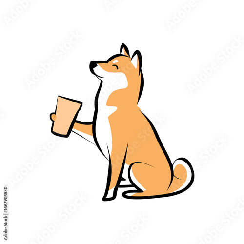 A charming, minimalist illustration featuring an adorable Shiba Inu dog sitting patiently and playfully holding a small piece of paper, exuding a happy and friendly demeanor.