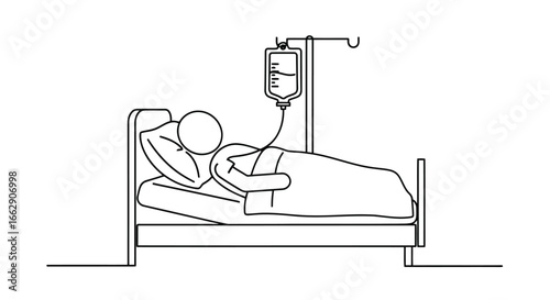 Illustration of a patient lying in a hospital bed with an iv drip