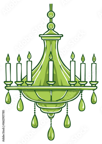 Bright Green Chandelier Illustration with Burning Candles and Decorative Droplets