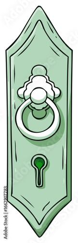 Antique Door Handle with Ornate Ring and Keyhole in a Light Green Artistic Style