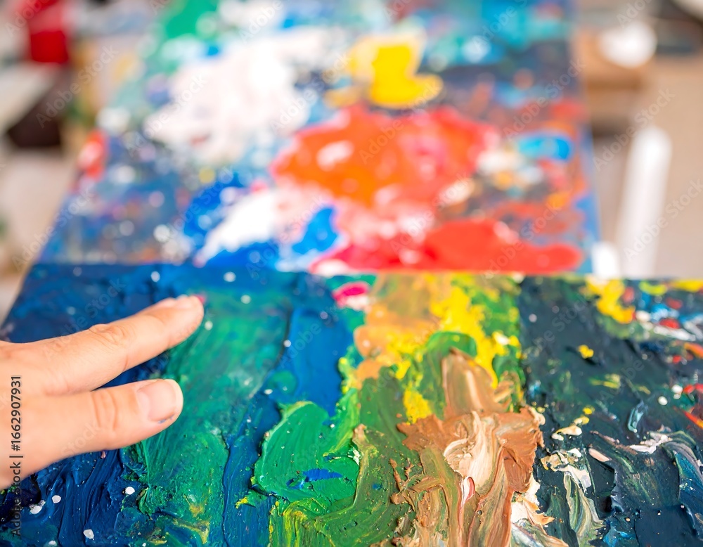 Obraz premium A hand touches a vibrant abstract painting palette