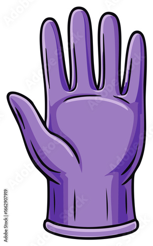Bright purple protective glove cartoon style illustration for hygiene medical and cleaning concepts