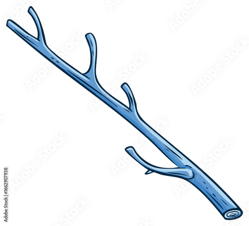 Cartoon-style blue twig with multiple branches, isolated on a white background.