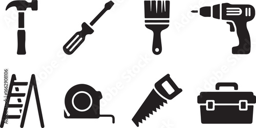 Construction Tools Collection Icon Set Black Silhouette DIY Hardware Toolkit