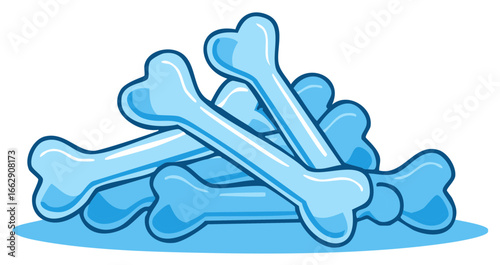 Stylized vector illustration of a pile of shiny blue cartoon dog bones