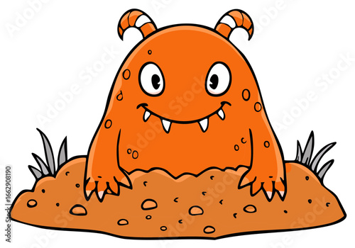 Friendly orange cartoon monster with horns and fangs emerging from the ground illustration