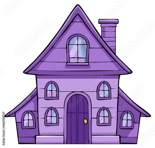 Whimsical cartoon purple house with steep roof arched windows and charming details