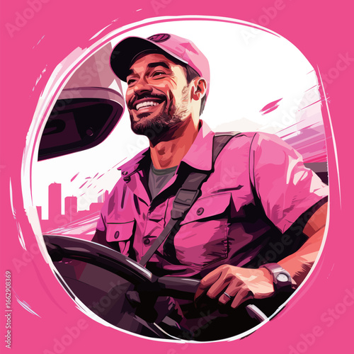 A cheerful delivery driver wearing a pink shirt is joyfully maneuvering a vehicle through a city. Bright daytime creates a vibrant atmosphere as the driver enjoys his work in an urban environment.