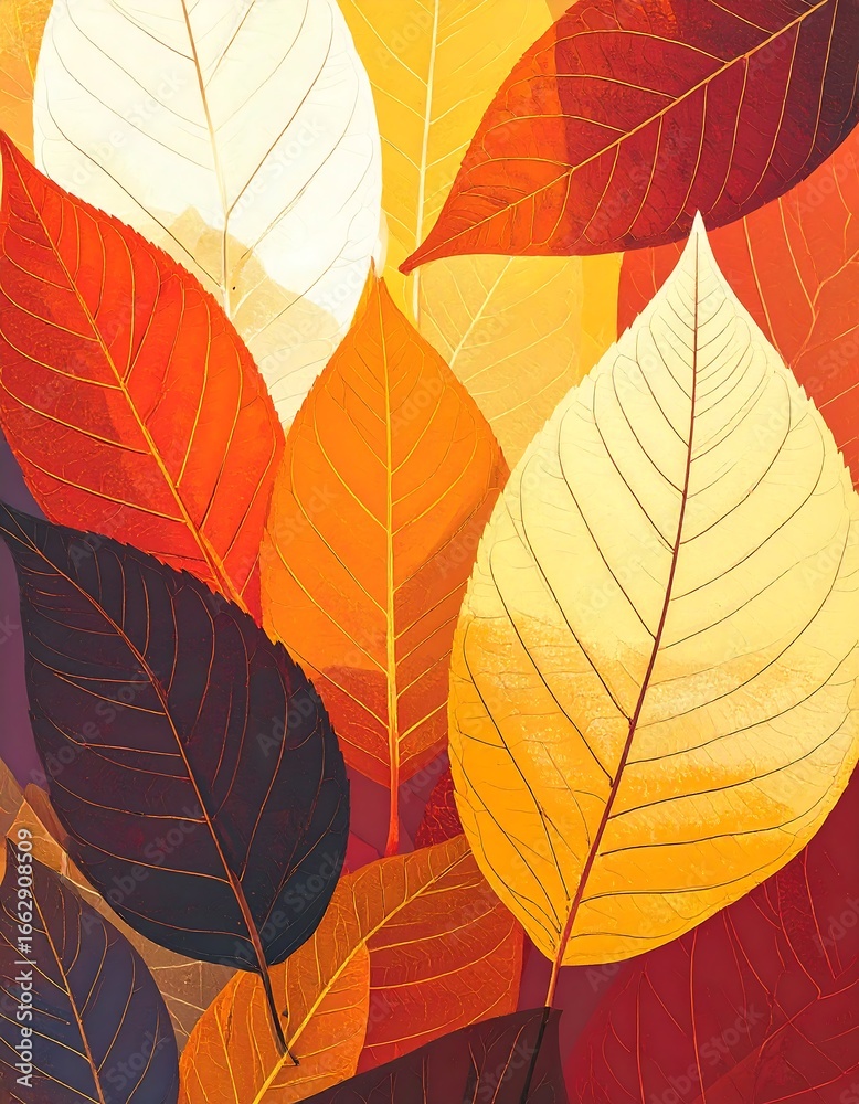 Fototapeta premium Vibrant autumn leaves in warm hues, overlapping to create a textured pattern
