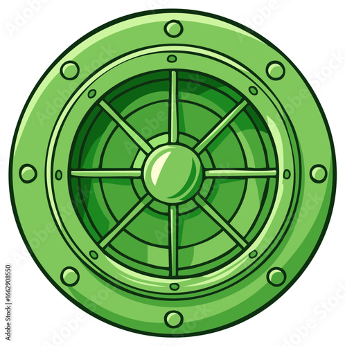 Cartoon Green Metallic Hatch Round Circle Wheel with Bolts for Submarine or Spaceship