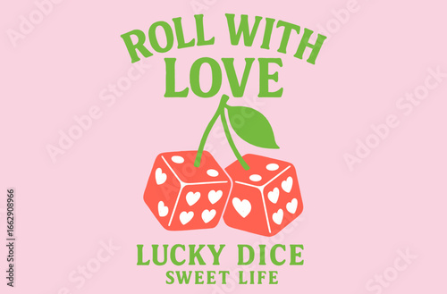 Retro cherry fruit print. Love card artwork. Cherry fruit print. Fruit vintage t shirt design. Dice graphic print design  apparel, stickers, posters and background. Organic food artwork.