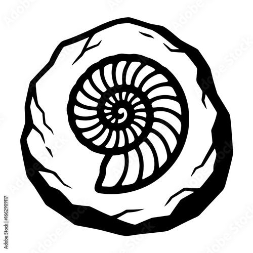 Black and White Illustration of Ammonite Fossil Embedded in Rock