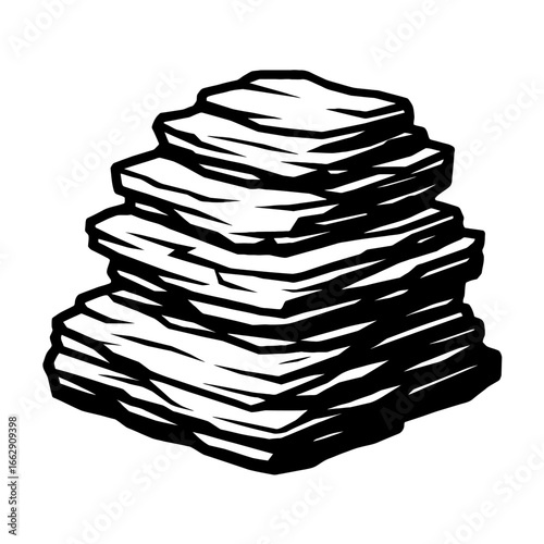 Black and White Illustration of Stacked Flat Layered Rocks or Slate Pieces
