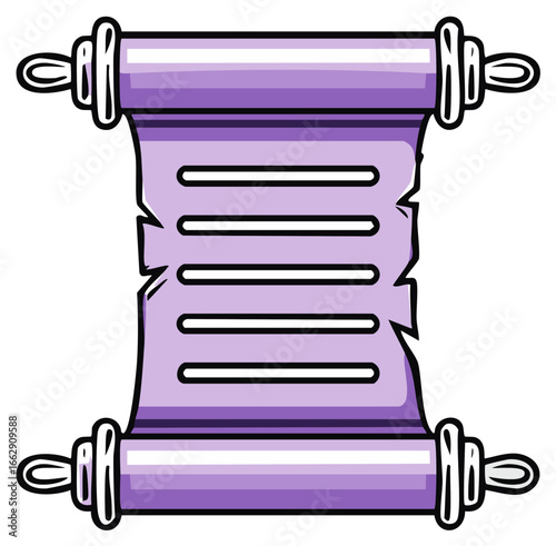 Purple scroll with horizontal lines and rolled edges displaying text or information