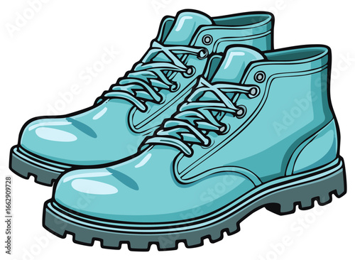 Bright blue sturdy lace up ankle boots with thick lug soles vector cartoon illustration