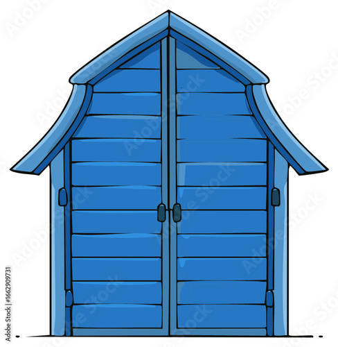 Vibrant Blue Cartoon Storage Shed with Pointed Roof and Closed Double Doors Vector Illustration