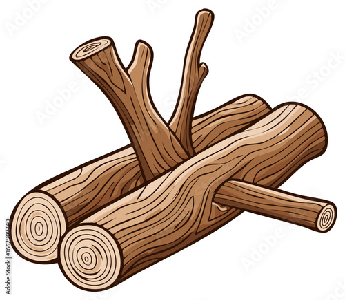 Pile of firewood for campfire logs with wooden texture natural brown cartoon style
