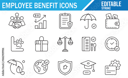 Collection of employee benefit icons for use in HR and corporate planning.
