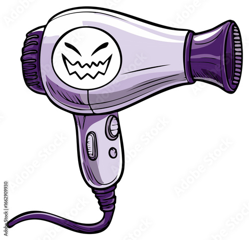 Fierce purple cartoon hair dryer with an evil monster face logo vector illustration
