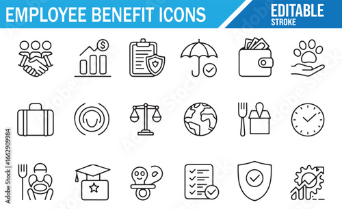 Simple line icons illustrating employee benefits, insurance, and employee welfare.
